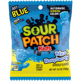 The Hampton Candy Company Sour Kids Blue Raspberry packaging highlights a bright blue raspberry flavor.