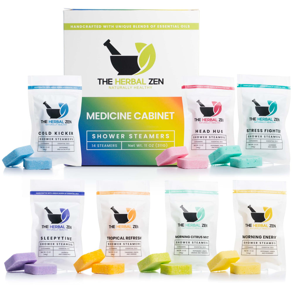 The Herbal Zen shower-steamer variety pack box on shelf for daily relaxation