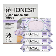 The Honest Company calm-cleanse wipes bottle-pour shows easy, on-the-go refreshing.