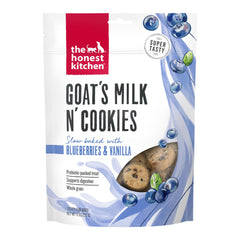 The Honest Kitchen Goat's Milk N' Cookies bag close-up showing real ingredients and probiotics.
