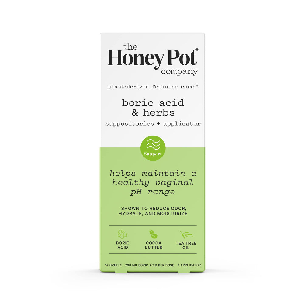 The Honey Pot 7-Day Boric Acid Suppositories pack highlighting pH balance support