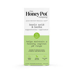 The Honey Pot 7-Day Boric Acid Suppositories pack highlighting pH balance support
