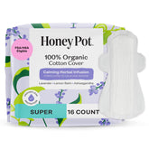 The Honey Pot Calming Super Pads packaging shows a 16-count box for discreet daily protection.