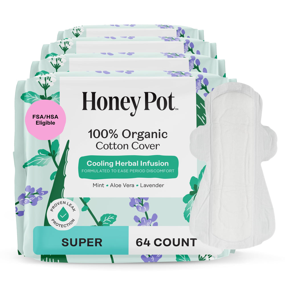 The Honey Pot Company herbal pads super wings front packaging shows cooling relief.