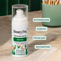 The Honey Pot spray packaging box highlights plant-based formula and pH-conscious design.