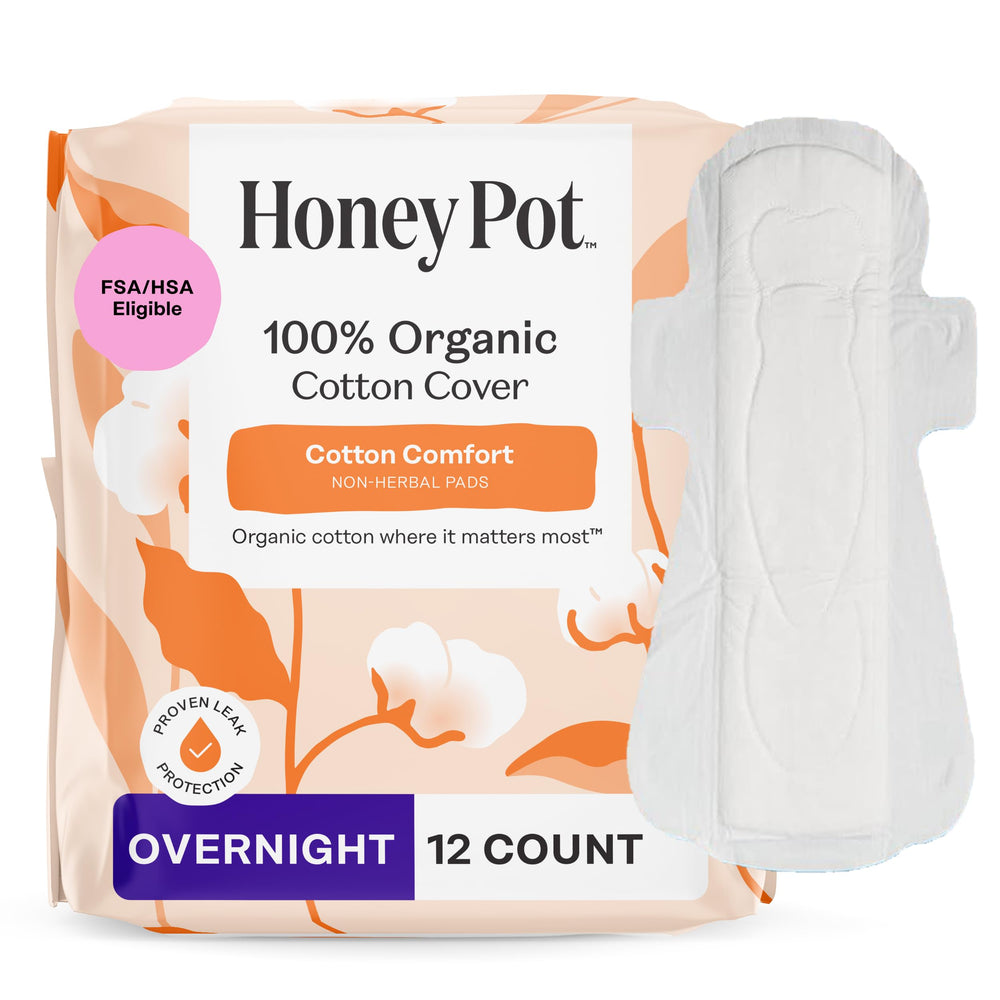 The Honey Pot overnight non-herbal pad with wings on cover provides secure protection.