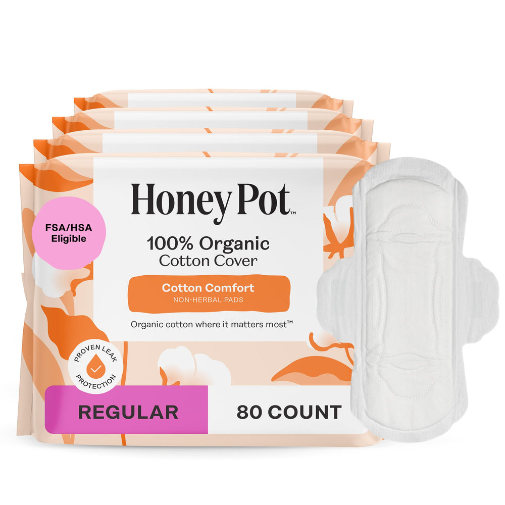 The Honey Pot regular non-herbal pads with wings in packaging offer reliable daily protection.