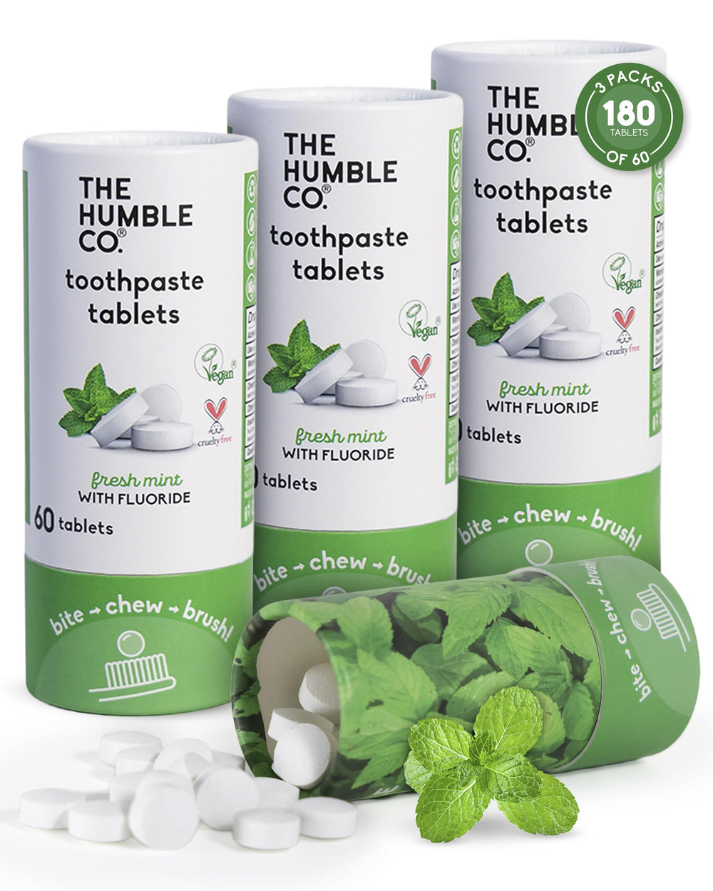 The Humble Co mint toothpaste tablets in a travel-friendly pack for water-free brushing.
