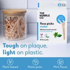 The Humble Co molar floss picks provide back-teeth access for thorough interdental cleaning.