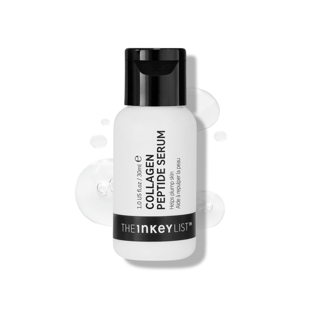 The INKEY List Collagen Peptide Serum bottle highlights a lightweight, hydrating formula for a plumper appearance.