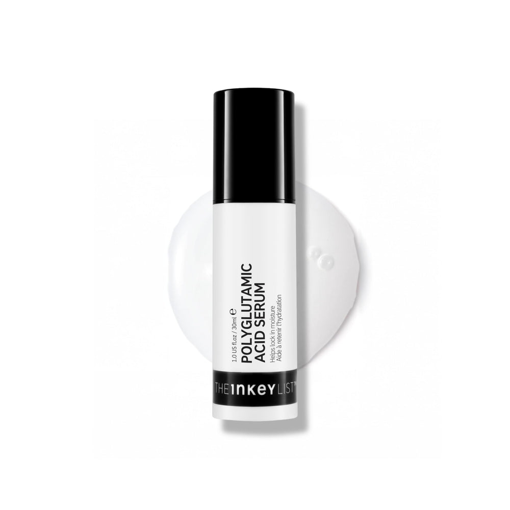 The INKEY List Polyglutamic Acid Serum bottle pump showcases lightweight hydration for smoother skin