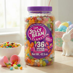 The Jelly Bean Planet packaging label highlights a bulk jar for celebrations