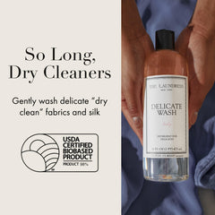 The Laundress Delicate Wash label close-up highlights bio-based, enzyme-free formula for delicate care.