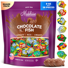 The Madelaine Milk Chocolate Mini Fish in foil close-up, ideal for gifting