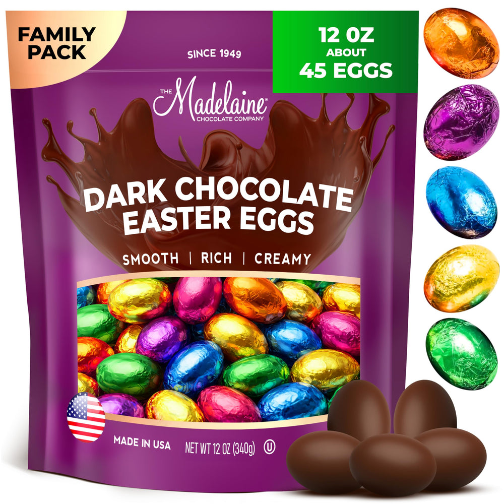 The Madelaine Chocolate Company dark Easter egg in jewel-tone foil, ideal for gifting.