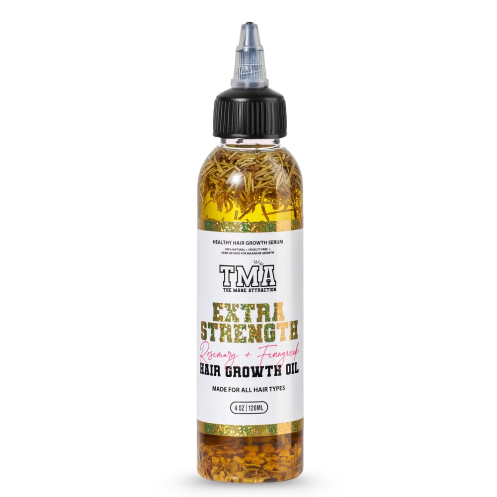 The Mane Attraction Extra Strength Rosemary Fenugreek Oil bottle pour nourishes the scalp and hair health.