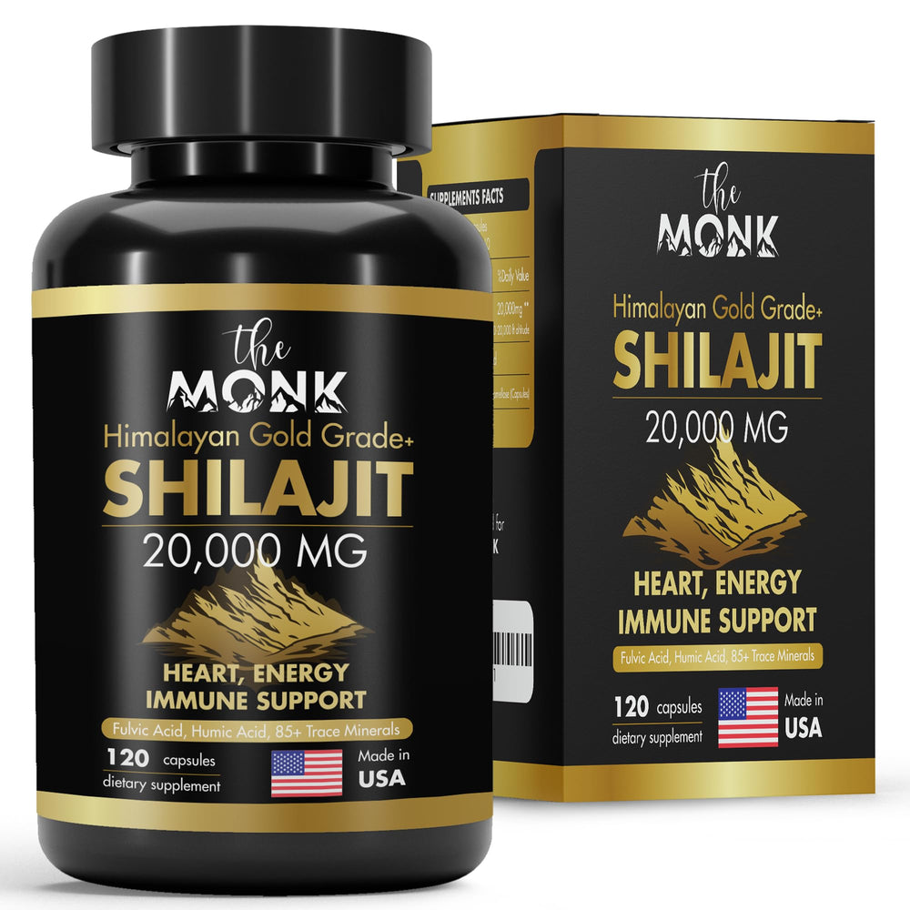 The MONK Organic Shilajit Gold Grade Plus bottle for daily energy support