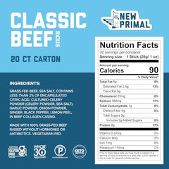 The New Primal beef stick on-the-go snack highlighting high protein and low calories