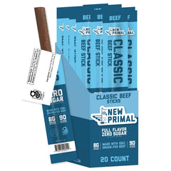 The New Primal grass-fed beef stick pack shot for on-the-go snacking