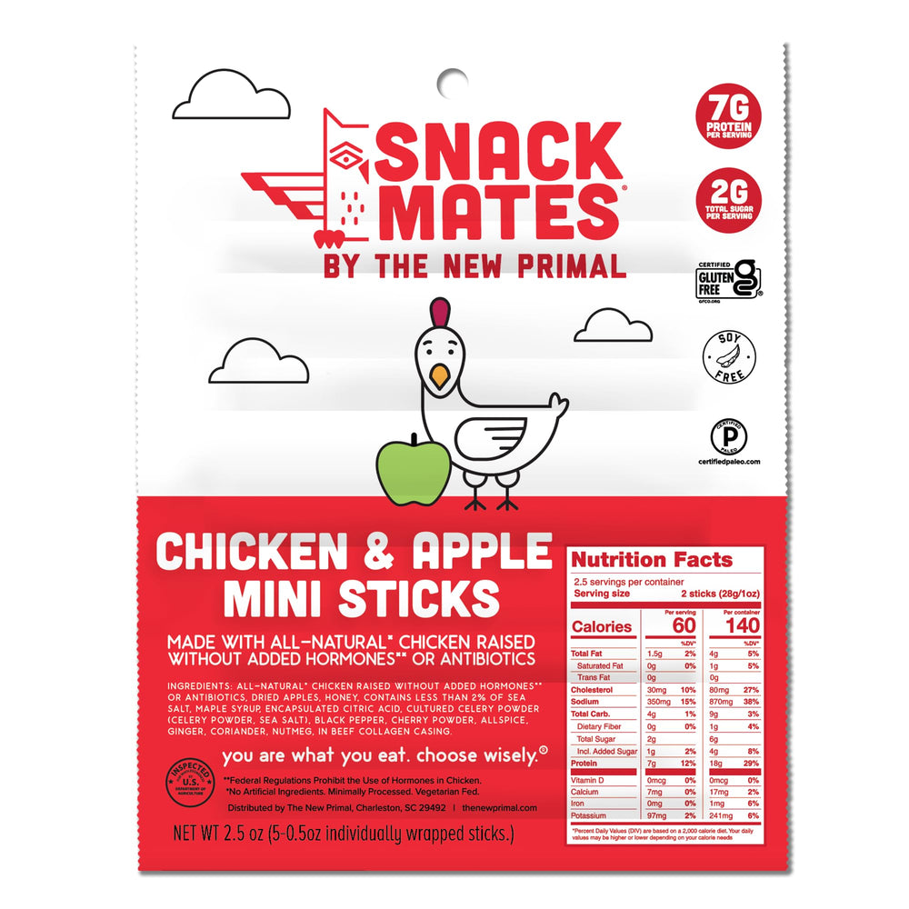The New Primal Snack Mates Chicken and Apple Stick packaging showcases kid-friendly on-the-go snacking.