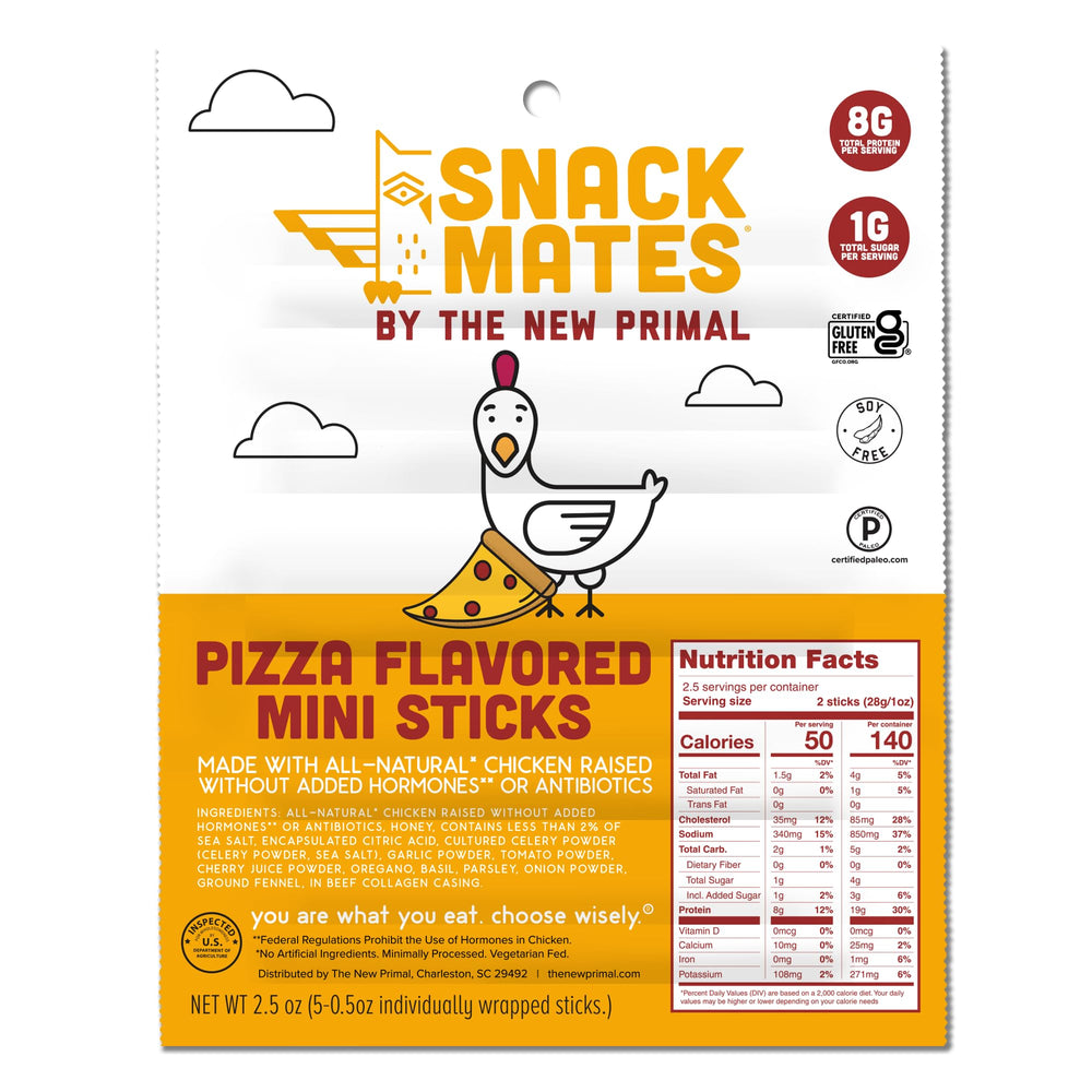 The New Primal Snack Mates Chicken Pizza Meat Stick packaging front, kid-friendly snack
