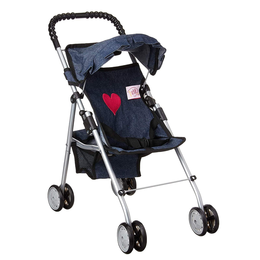 The New York Doll Collection My First Doll Stroller Denim Hood provides shade for sunny play.
