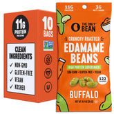 The Only Bean Buffalo Edamame Snacks bag front showing bold flavor and protein-packed crunch.