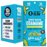 The Only Bean Crunchy Edamame Sea Salt bag shows high-protein vegan snack options.