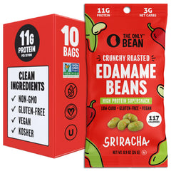 The Only Bean Crunchy Edamame Pack Sriracha front view—protein-packed snack for on-the-go fueling