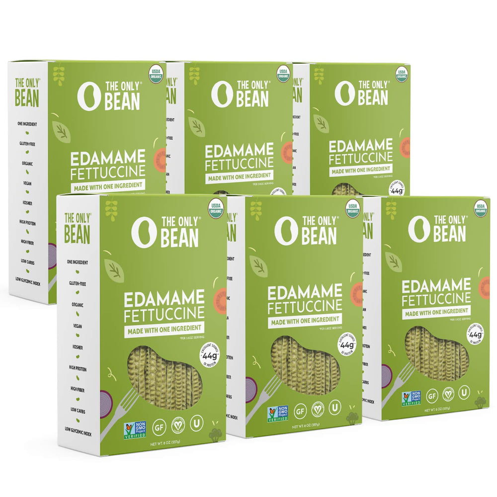 The Only Bean edamame fettuccine pack label shows organic certification for clean eating.
