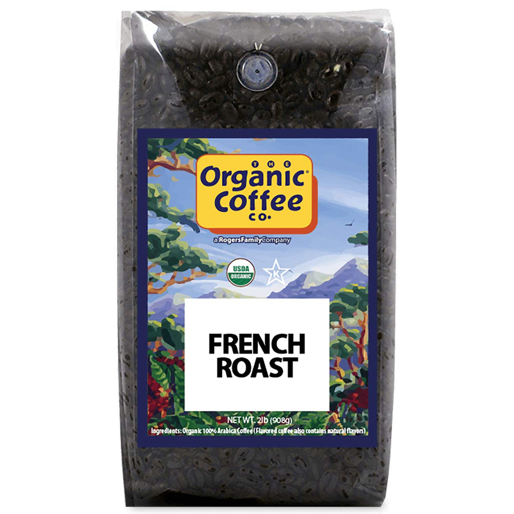 The Organic Coffee Co. French Roast whole bean bag for a bold, full-bodied cup.