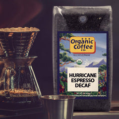 The Organic Coffee Co. Hurricane Espresso Decaf—eco-friendly packaging supports sustainable farming.