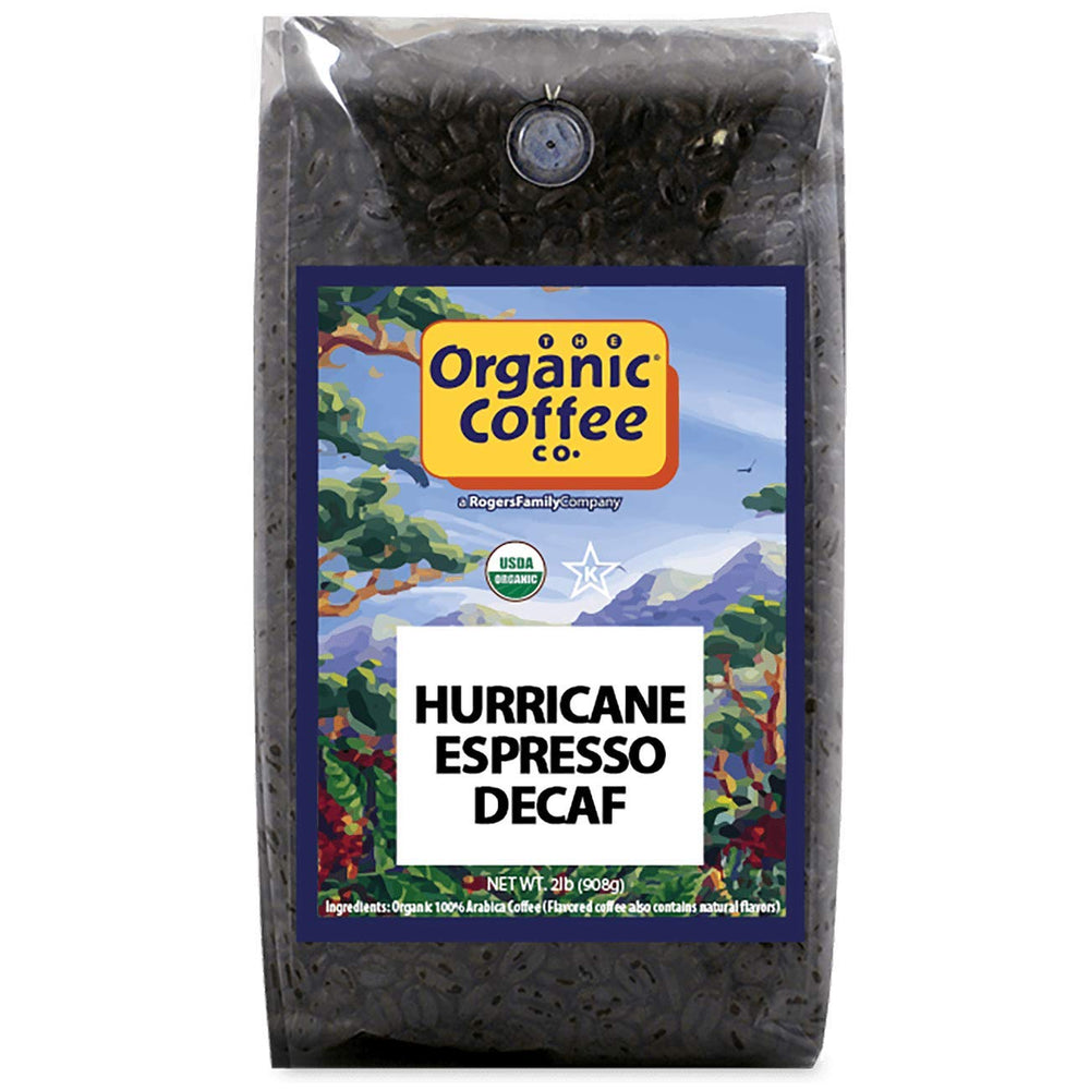 The Organic Coffee Co. Hurricane Espresso Decaf whole beans — shiny beans for a smooth decaf cup.