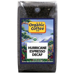 The Organic Coffee Co. Hurricane Espresso Decaf whole beans — shiny beans for a smooth decaf cup.