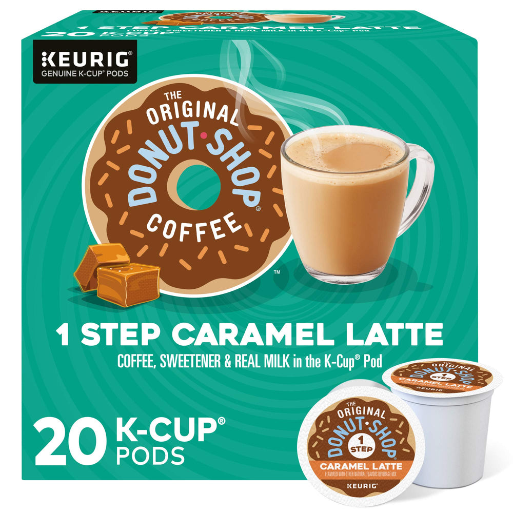 The Original Donut Shop Caramel One-Step Latte pod packaging, ready for quick mornings.