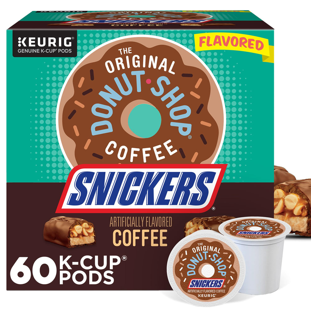 The Original Donut Shop Snickers coffee pods box ready for quick mornings.