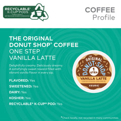 The Original Donut Shop Vanilla Latte K-Cups beside a mug for creamy single-serve enjoyment