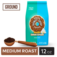 The Original Donut Shop vanilla sweet cream coffee cup with creamy aroma.