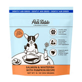 The Pets Table salmon and whitefish pumpkin bag, grain-free ingredients on display.