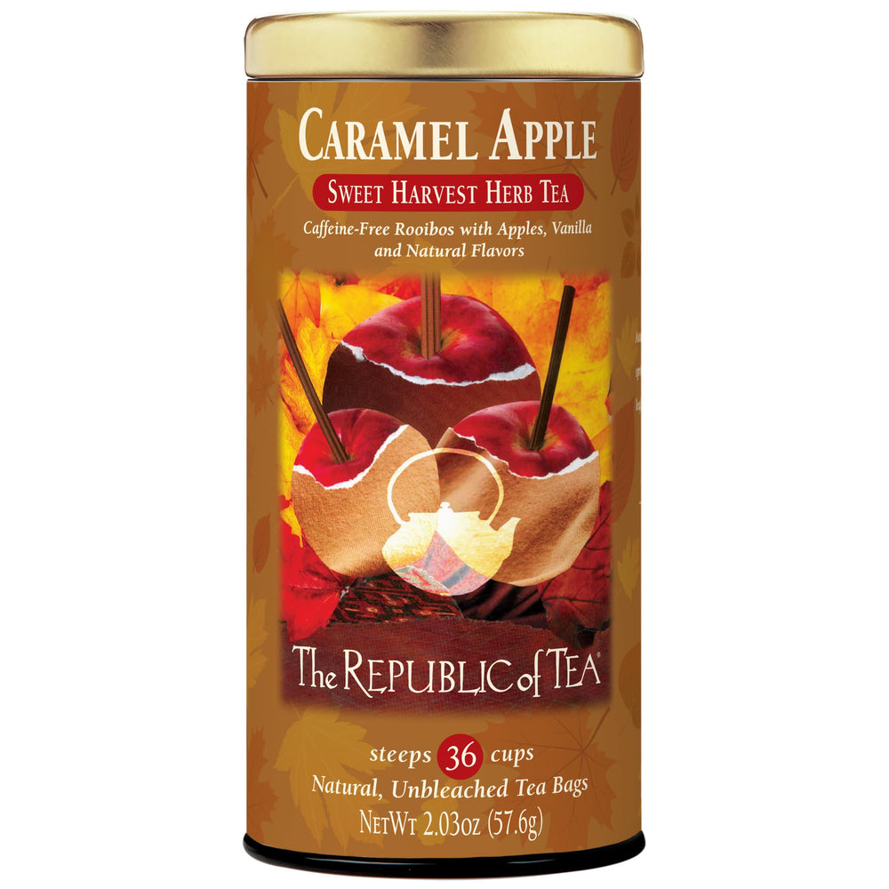 The Republic of Tea Caramel Apple Red Tea box displayed for autumn comfort