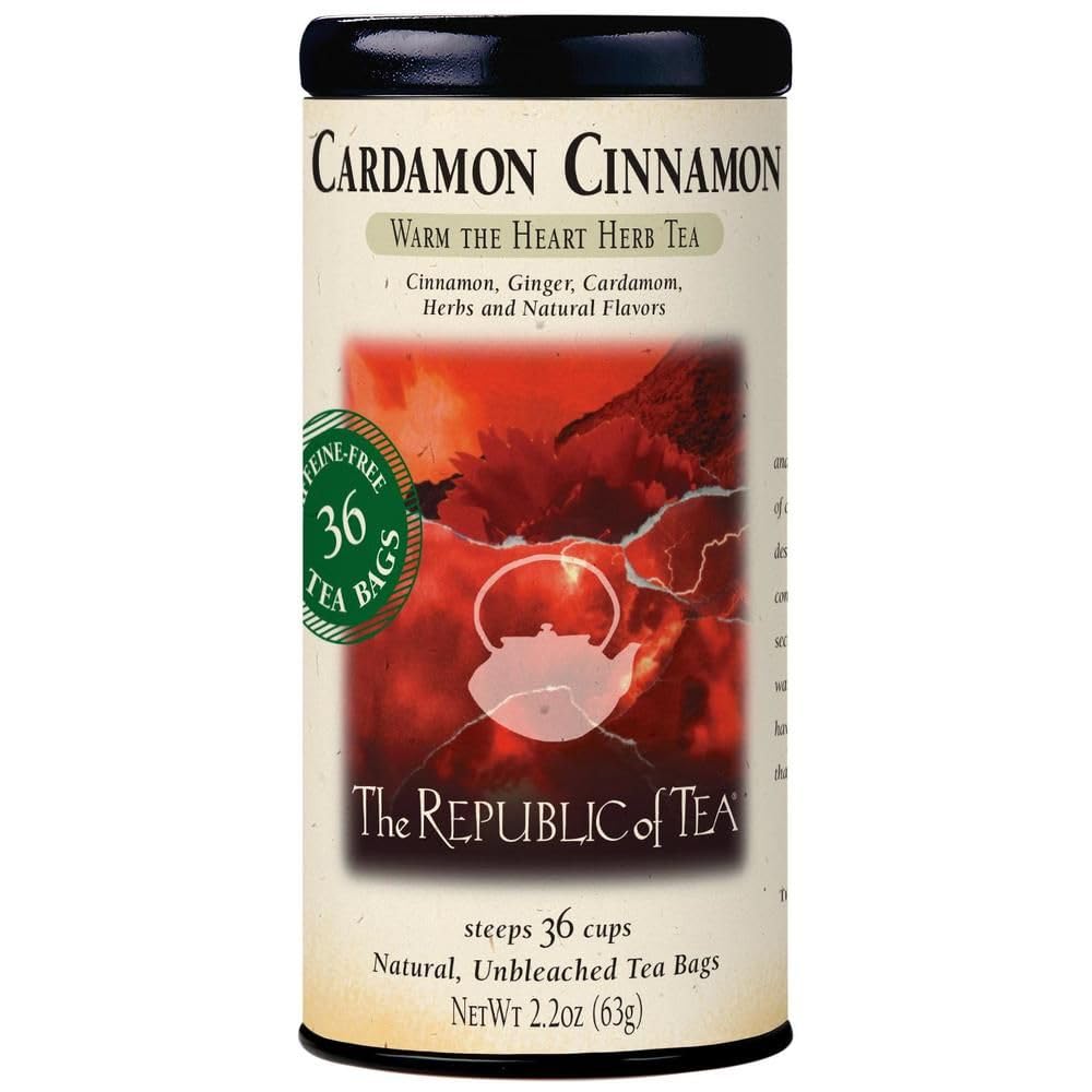 The Republic of Tea Cardamon Cinnamon tea bag tin shown, aromatic and caffeine-free