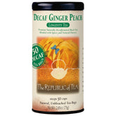The Republic of Tea decaf ginger peach tin with 50 bags, caffeine-free anytime enjoyment.