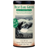 The Republic of Tea Earl Greyer Decaf packaging close-up showing the 50-count tin for convenient use.