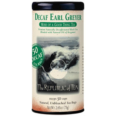The Republic of Tea Earl Greyer Decaf packaging close-up showing the 50-count tin for convenient use.