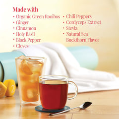 The Republic of Tea Get Burning rooibos base provides a smooth, caffeine-free foundation.