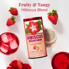 The Republic of Tea cup of hibiscus strawberry tea, refreshing and caffeine-free