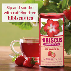 The Republic of Tea hibiscus strawberry tea steeping to a bold crimson color