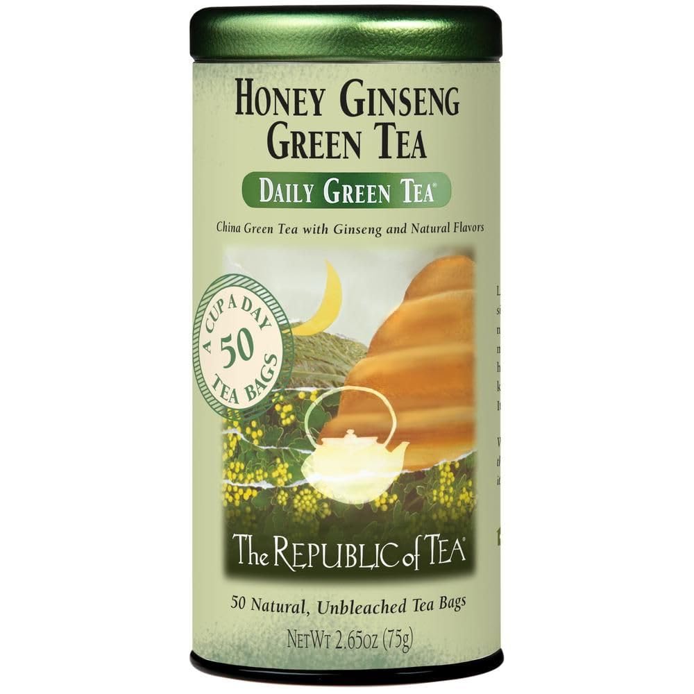 The Republic of Tea honey ginseng green tea tin with 50 bags for daily ritual.