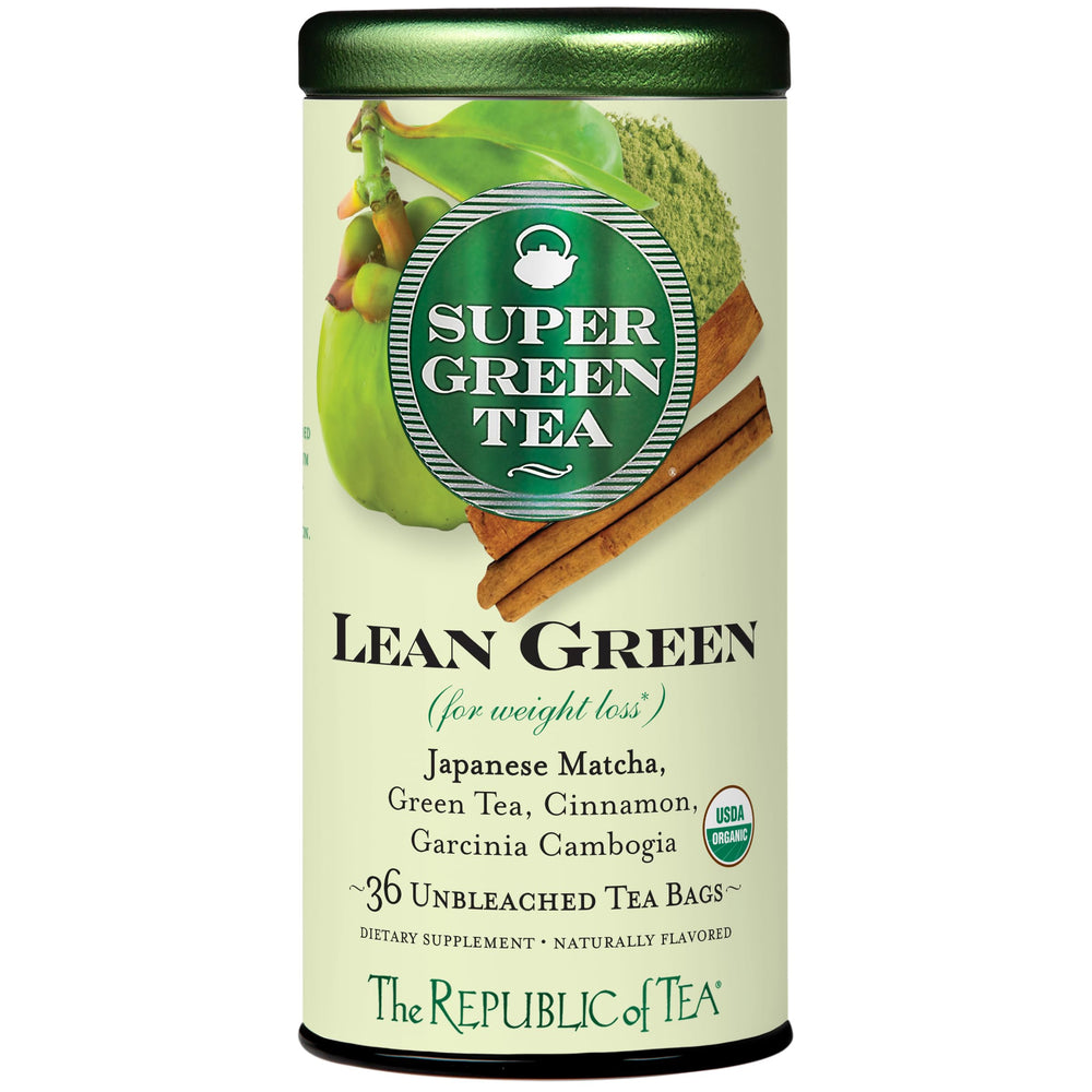 The Republic of Tea Lean Green tea bags box with a smooth caffeine boost.