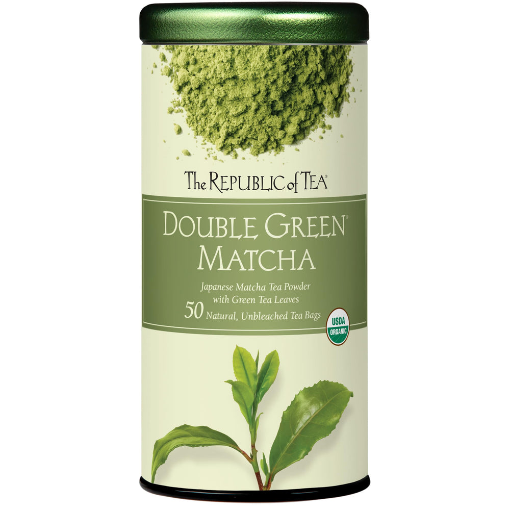 The Republic of Tea Organic Double Green Matcha tea bags in packaging for easy gifting.